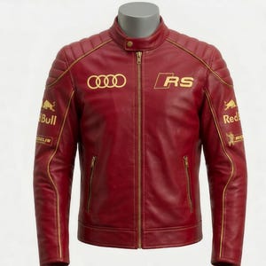 Unisex Audi Sport x Red Bull Inspired Leather Biker Jacket – Motorsport Racing Style Moto Coat