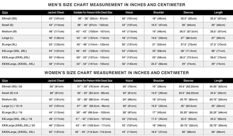 Pu&ograve; includere: Una tabella delle taglie di abbigliamento da uomo e da donna, che mostra le misure in pollici e centimetri. La tabella include taglie dalla XSmall alla XXXXLarge, con dettagli su petto, vita, spalle, maniche e lunghezza.