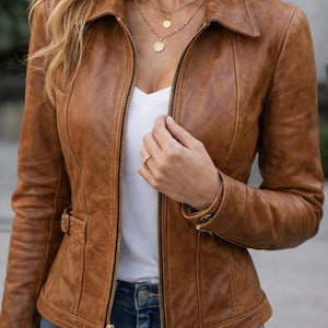 Women’s Cognac Brown Leather Jacket – Slim Fit Classic Zip-Up Design