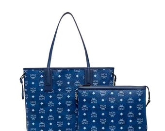 Vintage MCM Dark Blue Visetos Monogram Tote Bag | 1990s West German Shoulder Purse