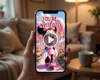 Spersonalizowane wideo z animowanym zaproszeniem urodzinowym Myszki Minnie, różowe zaproszenie na przyjęcie z kreskówkową grafiką (do pobrania cyfrowego)