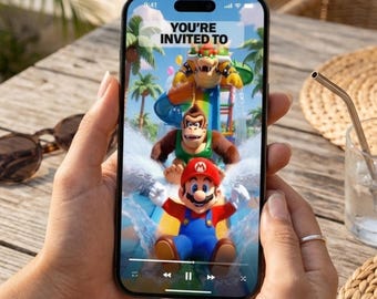 Super Mario Pool Party Video Invitation, Tropical Gamer Birthday Invite (Digital Download)