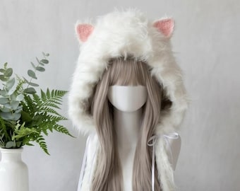 Handmade Crochet White Cat Hood - Enchanted Forest Fairy Balaclava | Cosplay Custom Hair Accessory | Spring Green Style Handmade Gift