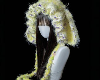 Handmade Fluffy Rabbit Ear Hood with tassels | Y2K Kawaii Knit Hat | Cosplay Hair Accessories