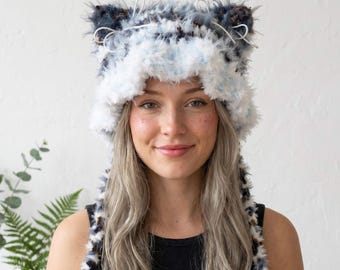 Handmade Crochet Black and Blue Cat Hood - Whimsical Blossom Fairy Balaclava | Cosplay Custom Hair Accessory | Handmade Gift