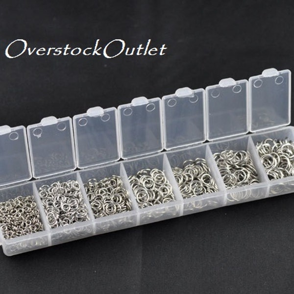SALE  Silver Tone Zinc Alloy Assorted Jump Rings 7 Compartment Box Set