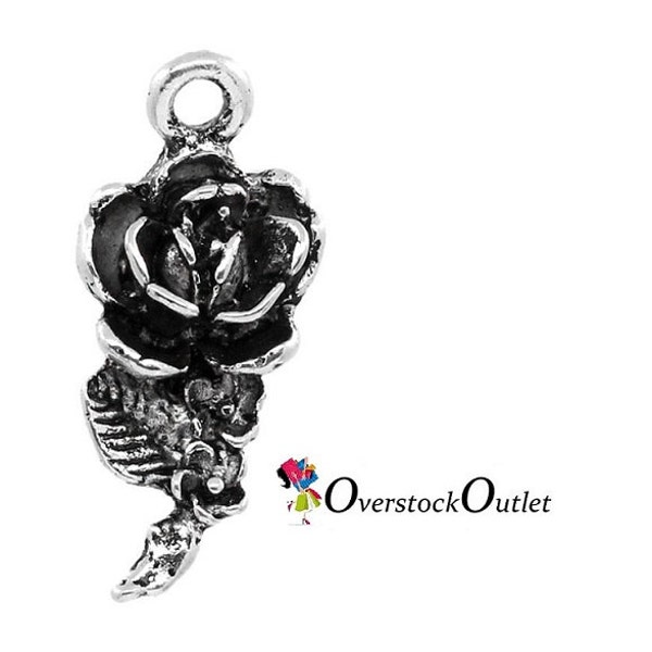 4 Long Stem Rose Charms BE310  Antiqued Silver