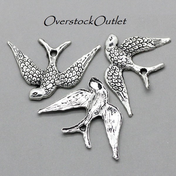 4 Antiqued Silver Flying Sparrow Bird Charm Pendants - BG406