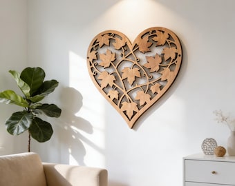 Hölzerne herzförmige hölzerne Wandkunst, Boho Ahornblatt-Wand-Dekor, Natur inspirierte Wandbehang, Boho hölzerne Wandkunst