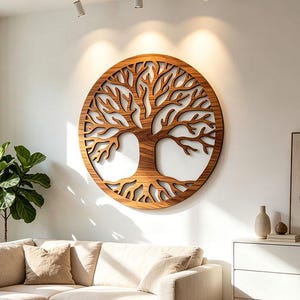 Large Walnut Wooden Tree of Life Wall Art, Round Boho Wood Wall Hanging, Spiritual Family Tree Decor for Bedroom Living Room, Gifts for Her