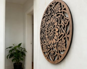 Walnut Tone Wooden Mandala Wall Hanging, Round Floral Carved Wooden Wall Decor, Boho Living Room Wall Hanging, Nature Inspired Gifts