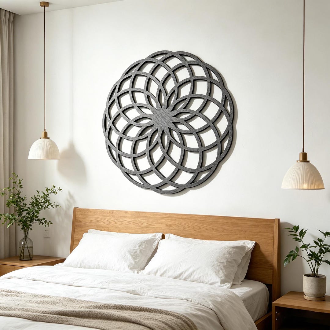 Dark Grey Wood Flower of Life Wall Art, Sacred Geometry Mandala Wall ...