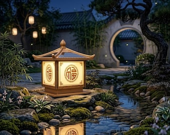Farol de jardín zen con luces LED solares, lámpara decorativa de fantasía para jardín chino, lámpara de noche zen.