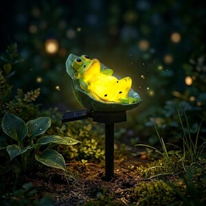 May include: A solar-powered garden light featuring a yellow frog reclining on a green leaf. The frog has black spots and eyes. The leaf is mounted on a black stake with a solar panel. The light is surrounded by greenery and soft bokeh lights.