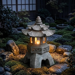 May include: A stone pagoda lantern with a warm, glowing light inside. The gray lantern has a multi-tiered roof and sits in a garden with rocks and greenery. The lantern is a decorative outdoor lighting fixture.