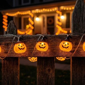 以下が含まれることがあります： 小さな黒い魔女の帽子をかぶった、オレンジ色のカボチャ型LEDライトのストリング。カボチャにはジャック・オー・ランタンの顔が彫られており、内側から光を放ち、細いワイヤーでつながれて風化した木製のフェンスに掛けられています。