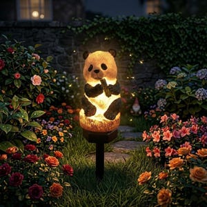 Peut inclure: Lampe de jardin solaire en forme de panda, tenant du bambou. Le panda a une fourrure noire et blanche et est éclairé de l'intérieur. Il est placé dans un jardin avec des fleurs colorées et de la verdure.