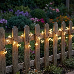 Puede incluir: Una guirnalda de luces de hadas con forma de flor está tendida sobre una valla de madera desgastada. Las luces están encendidas, emitiendo un brillo cálido. El fondo presenta un jardín con varias flores y vegetación, creando una escena encantadora.