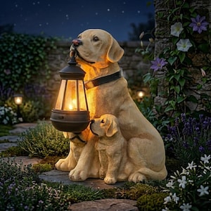May include: A garden ornament featuring a large, golden dog statue holding a lantern. A smaller dog statue sits in front. The scene is set in a garden with stone pathways, greenery, and a night sky with stars.