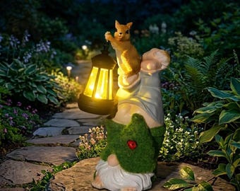 Statuette di gnomi da giardino in resina con LED, lampada decorativa impermeabile, luce fantasy, luci solari da giardino, lampada LED per esterni