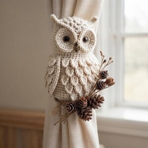 May include: A cream-colored crocheted owl curtain tieback featuring textured feather-like stitching, dark brown eyes, and a small beak. The owl is accented with a cluster of small brown pinecones and thin twigs tied to its side with twine.
