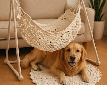 Boho haakpatroon voor een kattenhangmat, macramé standaard en kanten dierenbed (PDF)