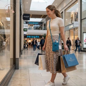 Op de afbeelding: Een cr&egrave;mekleurige top met korte mouwen en ribbelstructuur en een midi-rok met bloemenprint, gecombineerd met witte sneakers. Een blauwgroen macram&eacute; telefoontasje wordt crossbody gedragen. Meerdere winkeltassen worden in de handen gedragen.