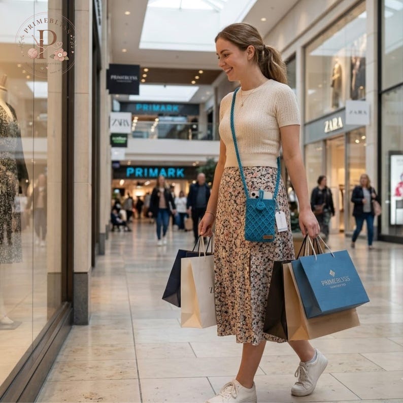 Op de afbeelding: Een cr&egrave;mekleurige top met korte mouwen en ribbelstructuur en een midi-rok met bloemenprint, gecombineerd met witte sneakers. Een blauwgroen macram&eacute; telefoontasje wordt crossbody gedragen. Meerdere winkeltassen worden in de handen gedragen.