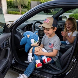 May include: A blue crocheted Sonic the Hedgehog plush toy with white gloves, tan muzzle, and red and white sneakers. The plush features large green eyes and pointed ears, crafted with visible yarn texture and detailed stitching throughout the body.
