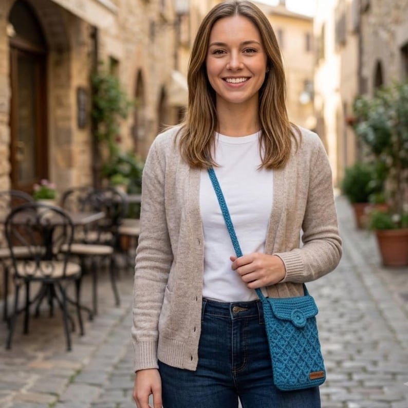 "Smiling woman standing on a cobblestone street wearing a teal crochet crossbody phone bag with button closure"