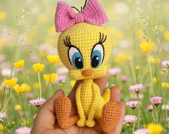 Gele amigurumi PDF, handleiding voor een knuffelfiguur, digitale download van een cartoonfiguur, handleiding voor het knutselen van een dier