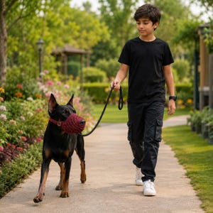 May include: A black and tan Doberman dog wearing a dark red crocheted muzzle, attached to a black leash. The dog has pointed ears and a sleek coat, with the muzzle featuring a visible button detail on the side, secured around the snout.