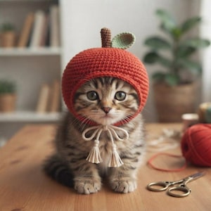 May include: A brown tabby kitten wearing a round, crocheted hat shaped like a red apple. The hat features a small brown stem and a single light green leaf on top. The hat is secured under the chin with cream-coloured braided ties and tassels.