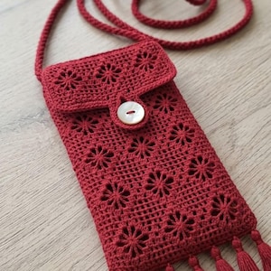 Modello PDF per custodia per cellulare all'uncinetto con trama rossa - Tutorial per borsa smartphone - Download digitale