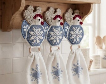 Haakpatroon voor handdoektopper in de vorm van een haan, decoratie voor een landelijke keuken met sneeuwvlokken (PDF)