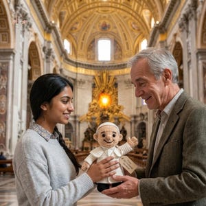 May include: A crocheted doll depicting a figure in a white papal vestment, including a zucchetto, a collared robe, and black shoes. The doll features a tan face with embroidered eyes and a smile, and it holds a small rectangular paper tag.