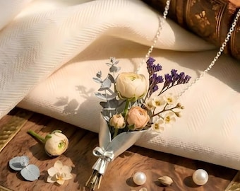 Gioielli botanici in miniatura a forma di vaso / Collana, orecchini e spilla in rame placcato argento