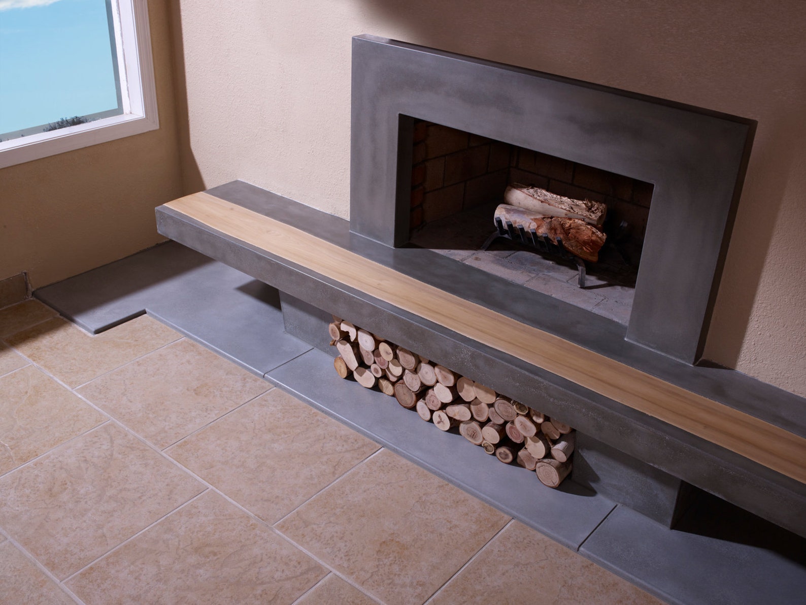 Concrete Fireplace Hearth With Wood Inlay and Surround Etsy