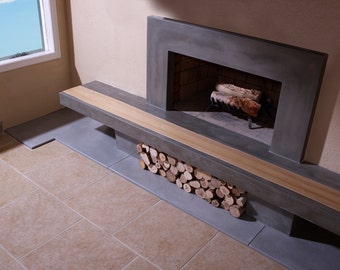 Concrete Fireplace Hearth with Wood Inlay and Surround