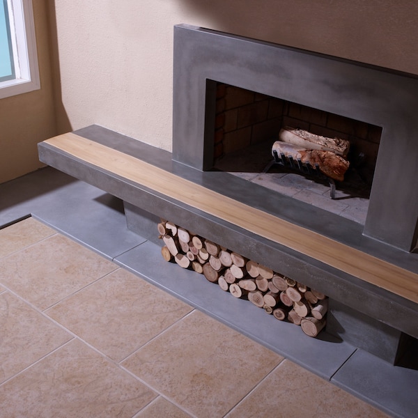 Concrete Fireplace Hearth with Wood Inlay and Surround