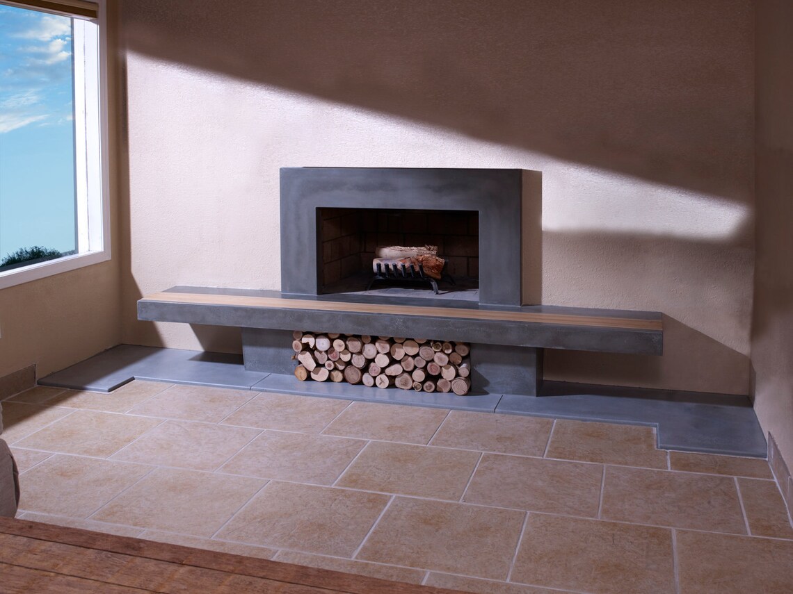 Concrete Fireplace Hearth With Wood Inlay and Surround Etsy