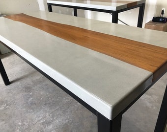 Concrete table with teak natural edge inlay Matching concrete dining tables Concrete and wood dining table Parsons table with metal base