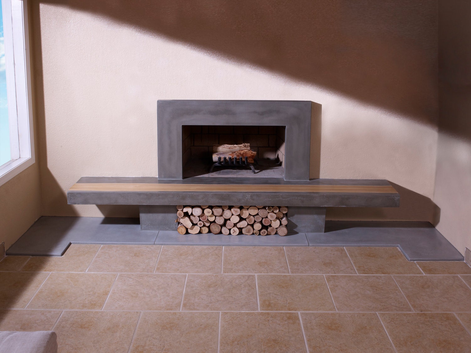Concrete Fireplace Hearth With Wood Inlay and Surround Etsy