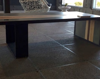 Coffee Table with concrete and wood waterfall edge and labradorite gem stone inlay.