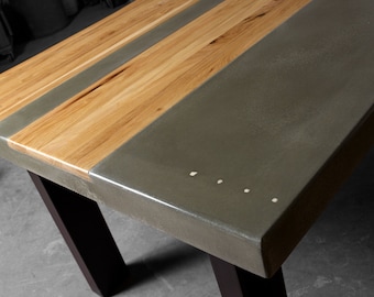 Concrete Wood and Steel Kitchen Table with metal base Custom concrete bespoke kitchen table Concrete with wood custom dining table inlay