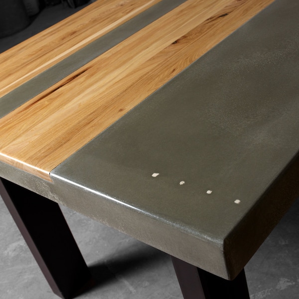 Concrete Wood and Steel Kitchen Table with metal base Custom concrete bespoke kitchen table Concrete with wood custom dining table inlay