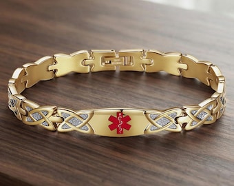 May include: A gold-toned medical alert bracelet featuring a central plaque with a red Star of Life symbol. The band consists of repeating polished gold links alternating with textured silver-toned Celtic knot patterns and a stainless steel clasp.