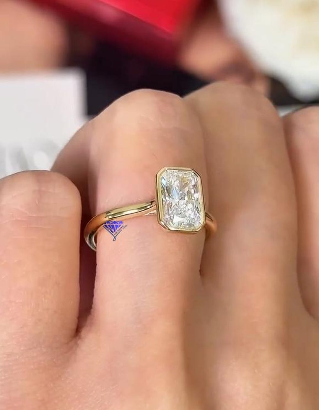 3 CT Radiant Cut Bezel Lab Grown Diamond Engagement Ring 14K Yellow ...