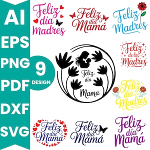May include: A selection of digital designs featuring the phrases "Feliz dia Mama" and "Feliz dia Madres" in diverse fonts and colours. The designs incorporate hearts, butterflies, and floral motifs, ideal for Mother's Day.