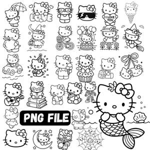 May include: A collection of black and white line art illustrations featuring the character Hello Kitty in various outfits and activities, including a mermaid, a witch, a cyclist, and a student, with the text PNG FILE displayed prominently.